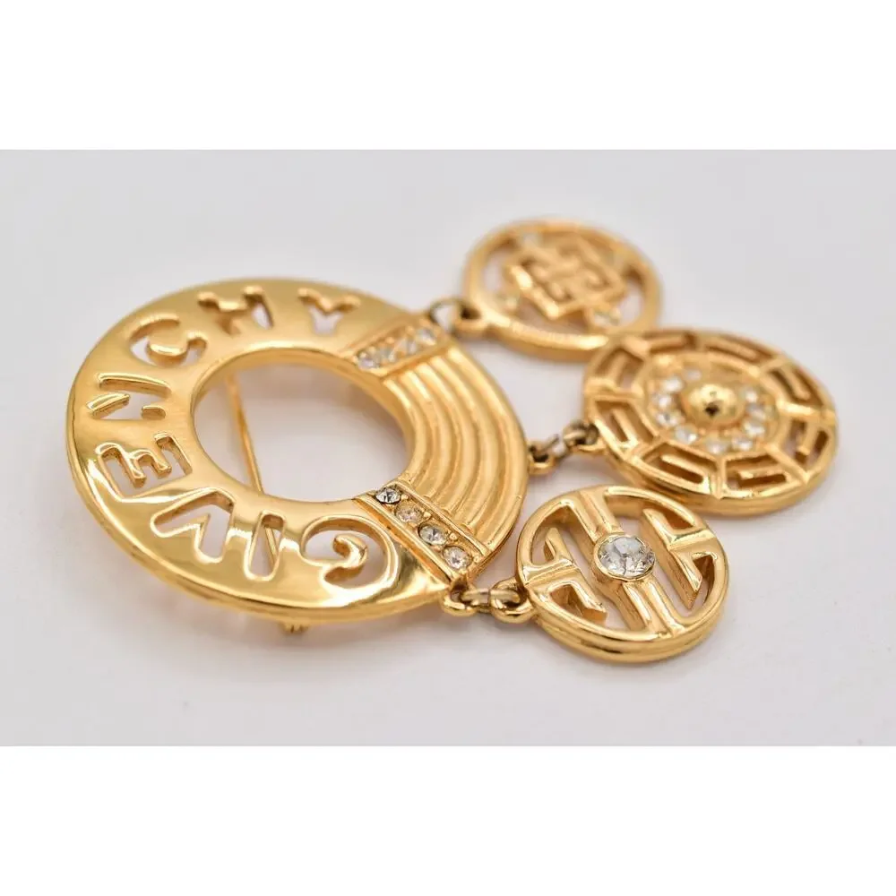 Givenchy Vintage Logo Charm Brooch Gold Pin Dangle Crystal Statement 1980s Bin5B - Picture 8 of 12